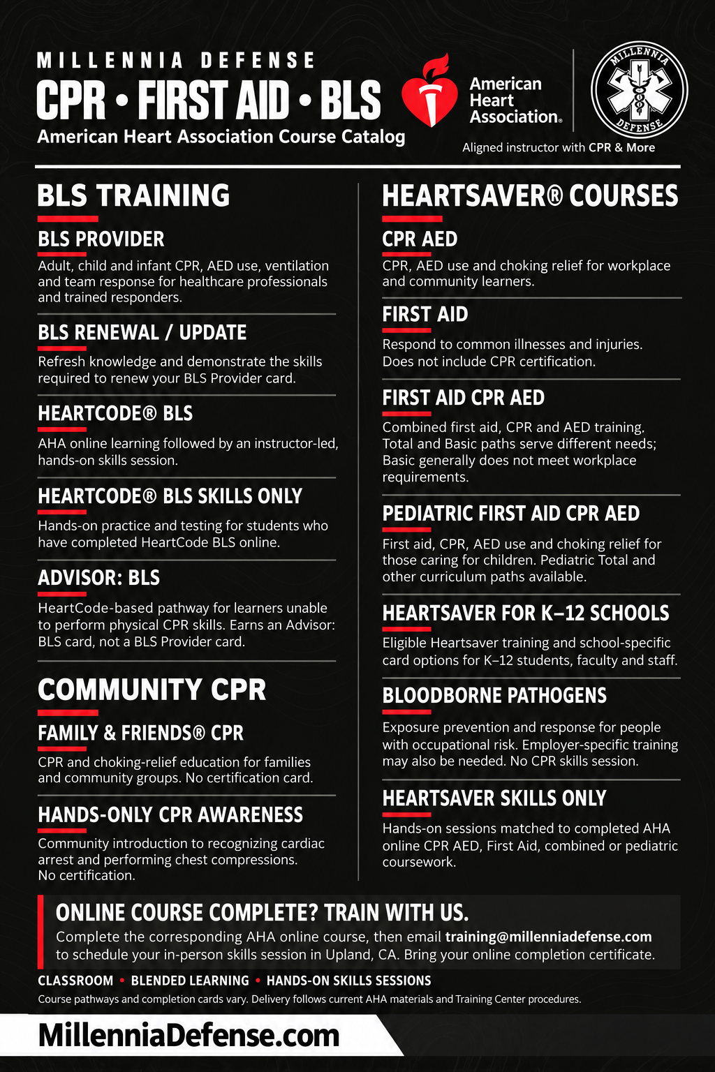 Millennia Defense AHA BLS, Heartsaver and community CPR course catalog